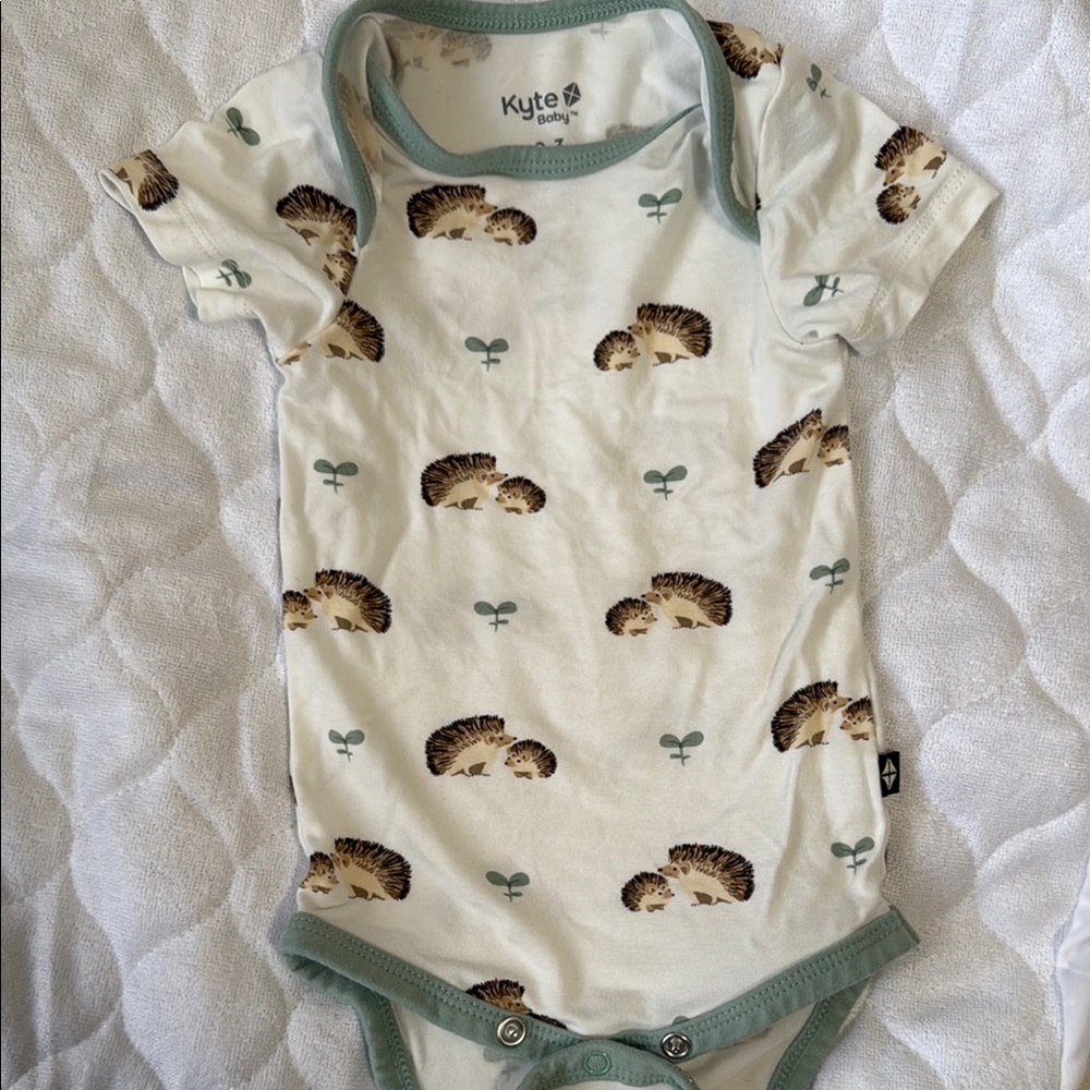 Kyte BABY Cream and Green Bodysuit with Hedgehog Print